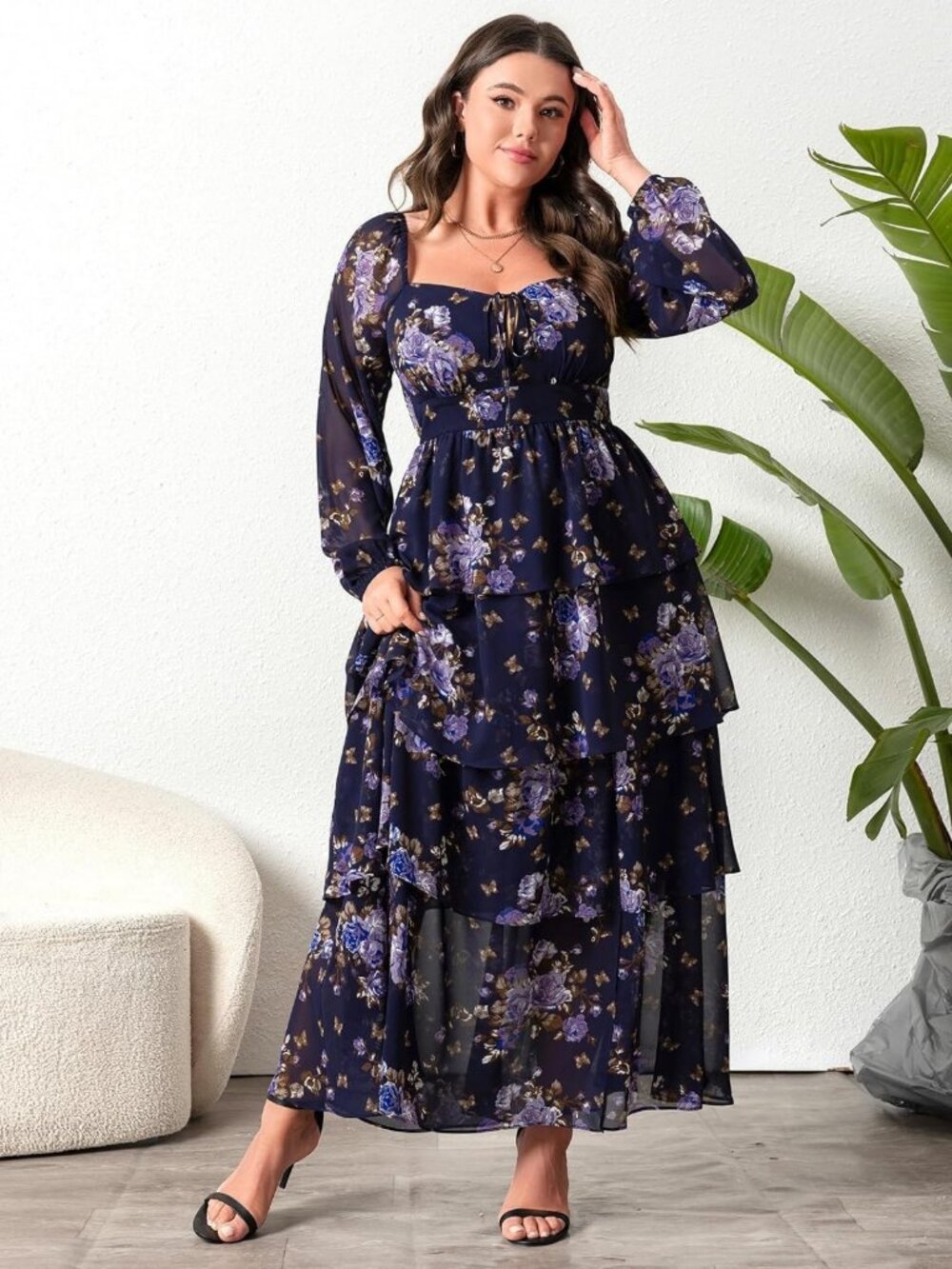 Plus Size Floral Tiered Long Sleeve Dress for Wedding Guests & Semi-Formal - Picture 7 of 8